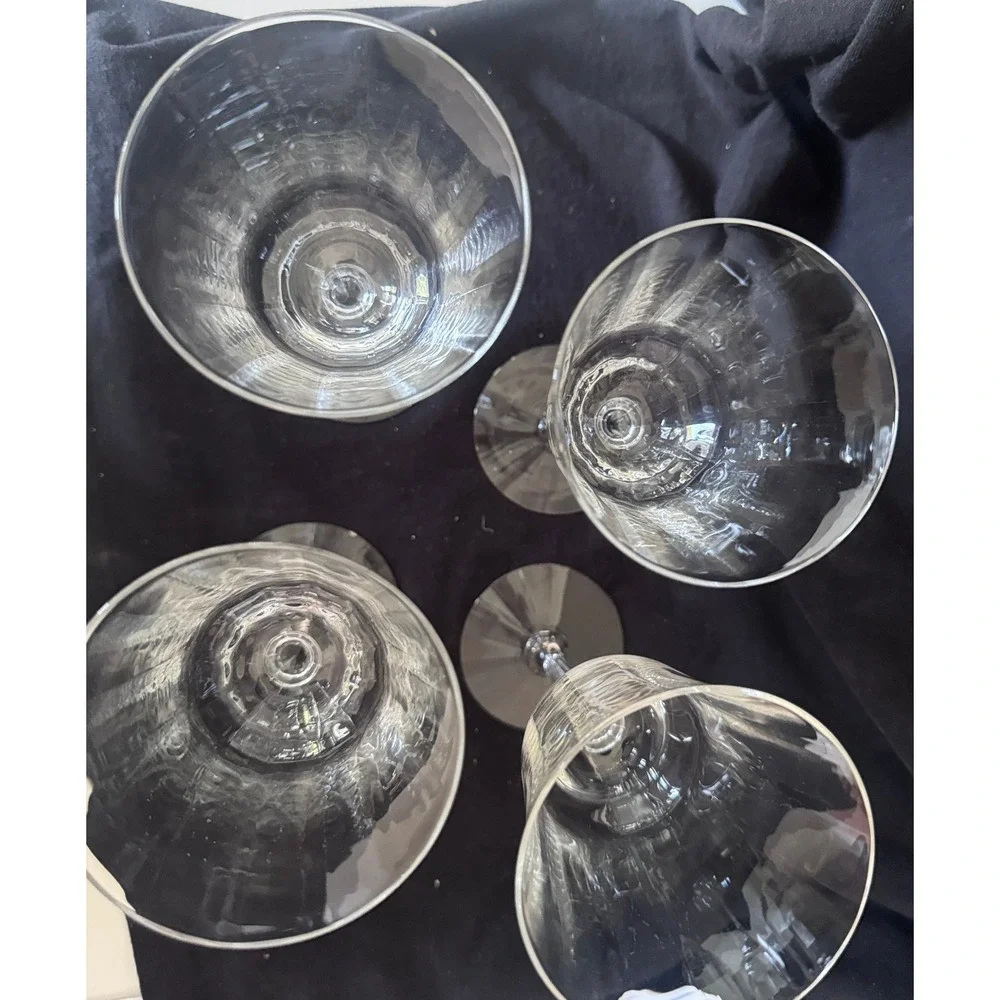 Set of 4 Vintage Crystal Wine Goblets Paneled Bowl Beaded Textured Stem 9in